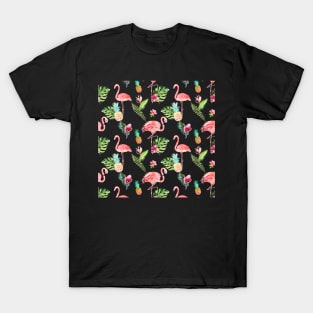 Pink Flamingo Watercolor Pattern T-Shirt